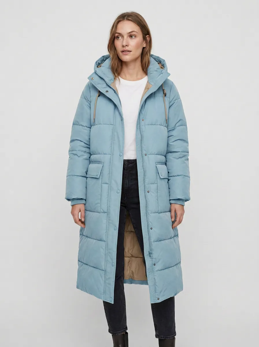 Outdoor-Layer Padded Long Hooded Coat