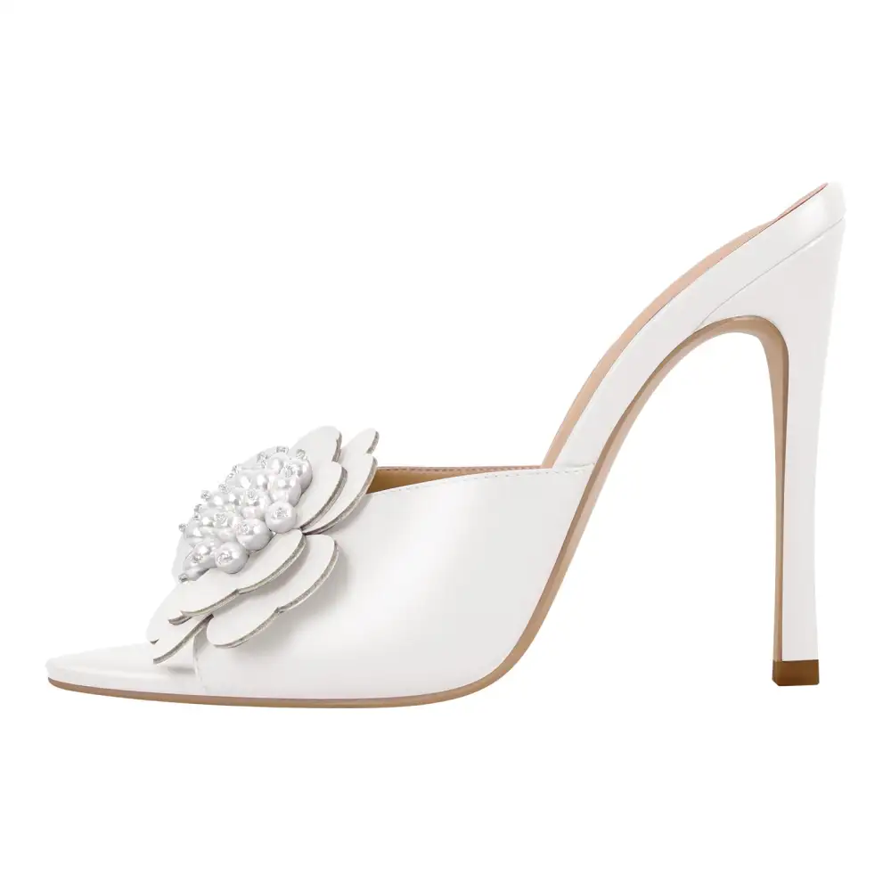 Pearl Flower Pointed Toe Stiletto Mule Sandals