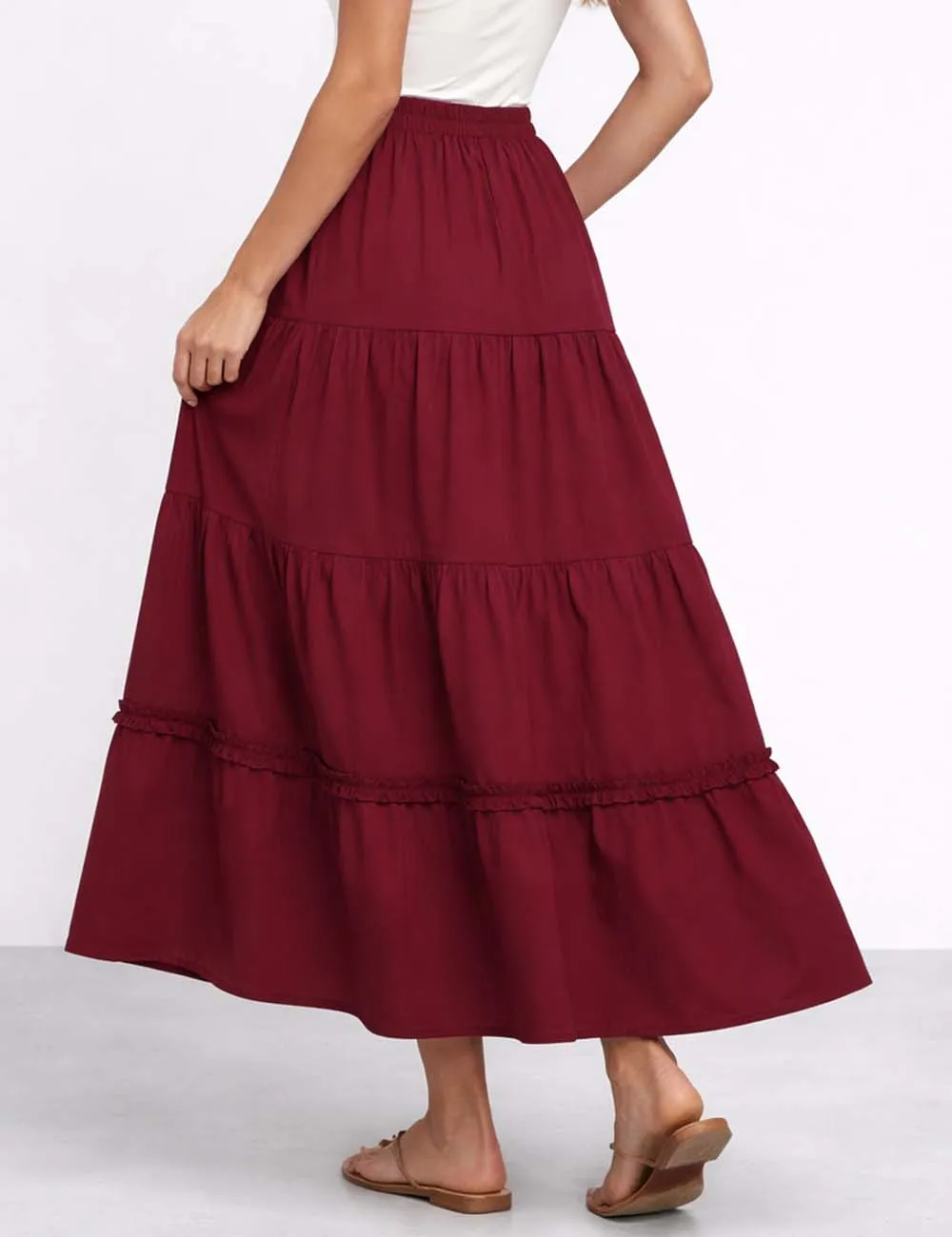 Tiered Hem Elastic Waist Solid Color Midi Skirt