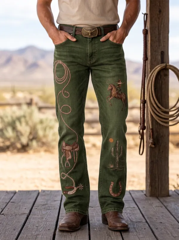 Men's Western Cowboy Rodeo Lasso Cactus Printed Jeans