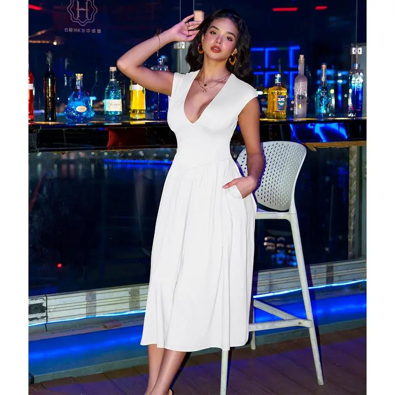 5PACK-Women'S Summer Casual Deep V NeckMidi Dress