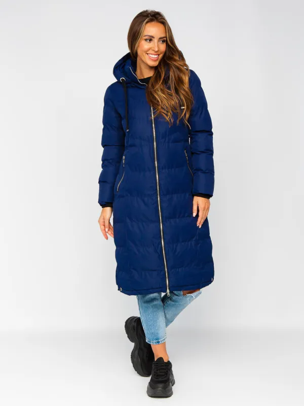 Dark blue women's long quilted winter jacket with hood