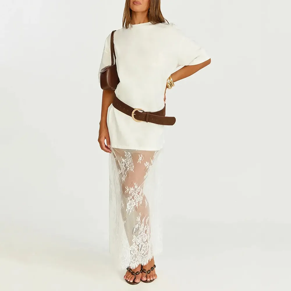 Women’s Oversized Tee Maxi Dress – Lace Hem Drop Shoulder Casual Chic