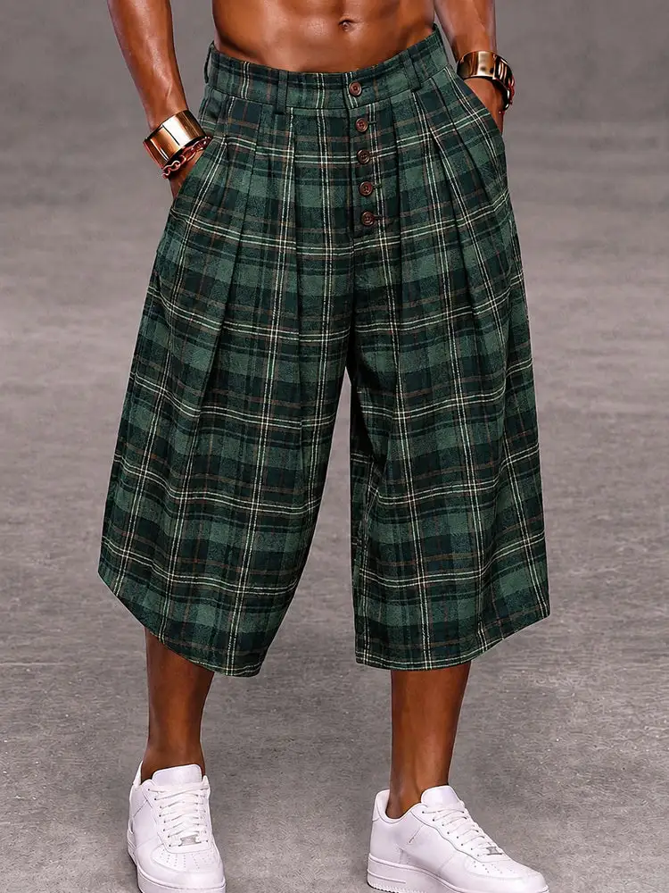 Men's Fashion Plaided Wide Leg Cropped Pants Shorts
