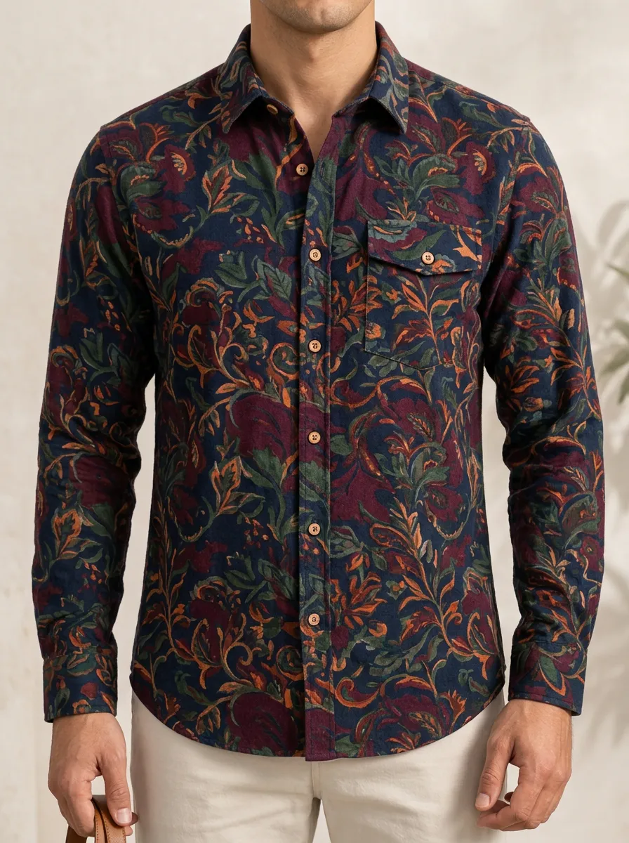Men's Floral Print Detail Button Shirt