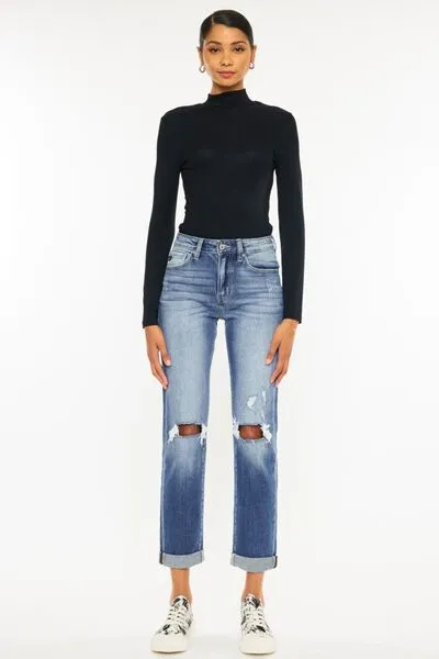 Versatile High Waist Straight Leg Distressed Denim Jeans