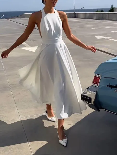 Elegant Halter Neck Flared Midi Dress