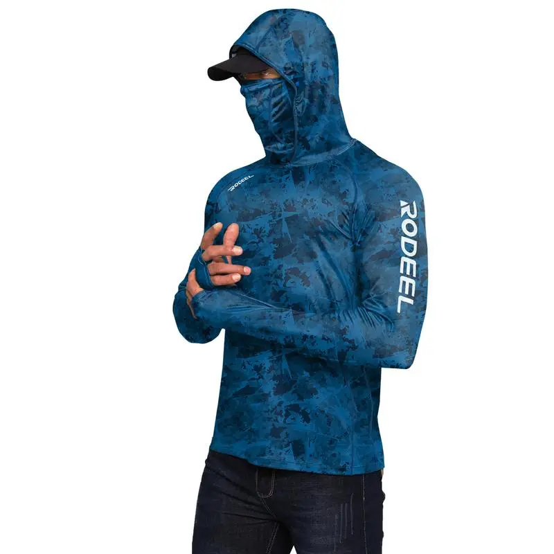 Sun Hoodie Shirt w/ UV Detection Mask Neck Gaiter Thumbhole Men UPF 100+ Sun Protection Raglan Long Sleeve Lightweight Quick Dry Moisture Wicking Breathable Cooling Athletic Activewear for Outdoor Hiking Fishing Construction Roofing Landscaping