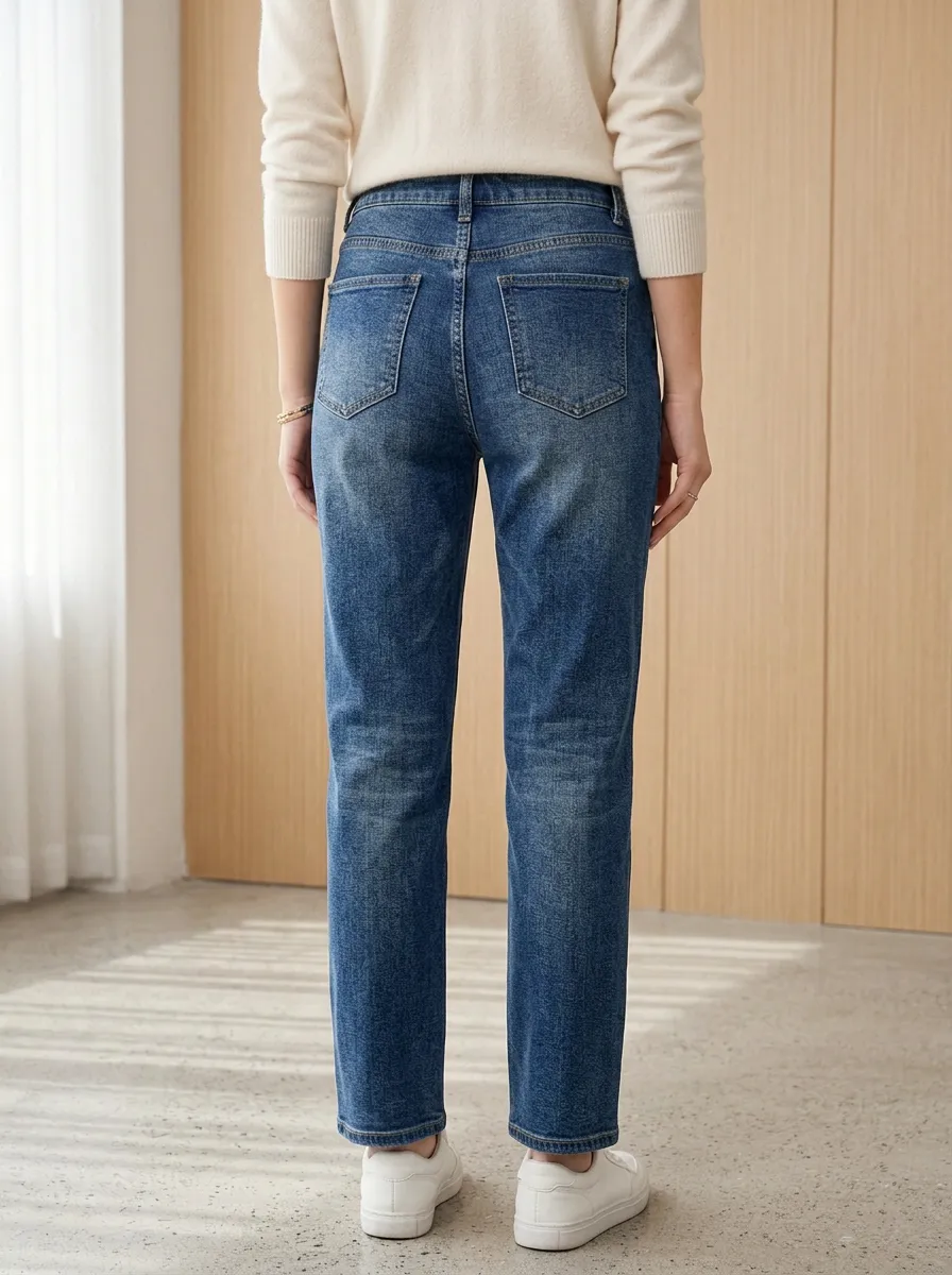 Women's High-Waisted Vintage Wash Straight Leg Denim Jeans