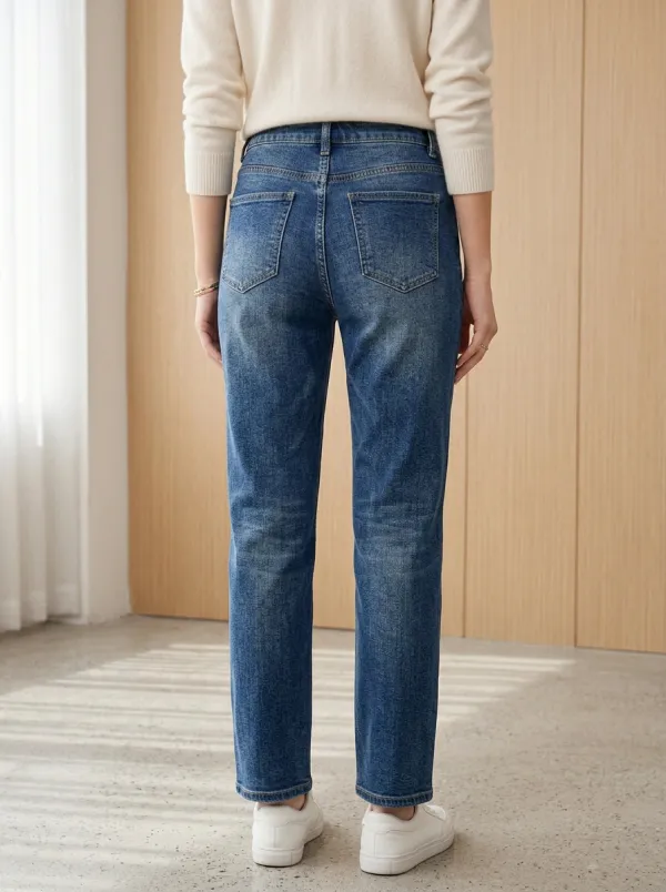 Women's High-Waisted Vintage Wash Straight Leg Denim Jeans