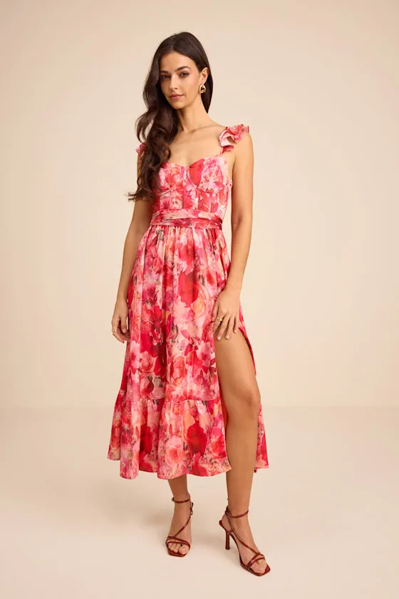 Sweet Like Sangria Pink Floral Ruffled Bustier Midi Dress