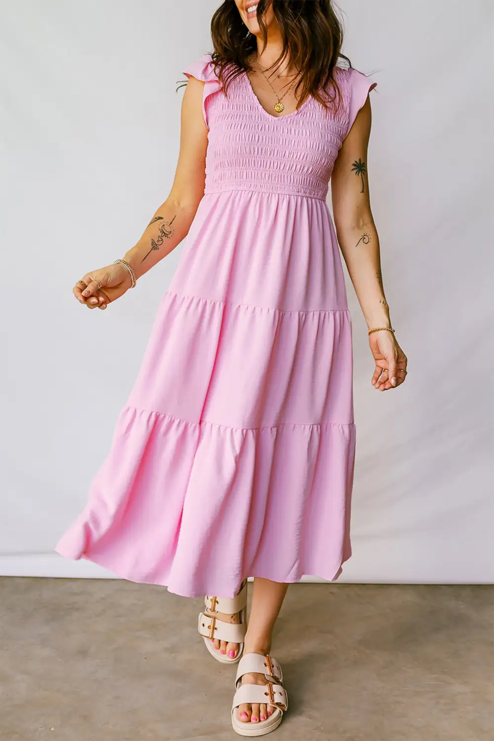 Smocked Bodice Flutter Sleeve Fit Flare Tiered Midi Dress