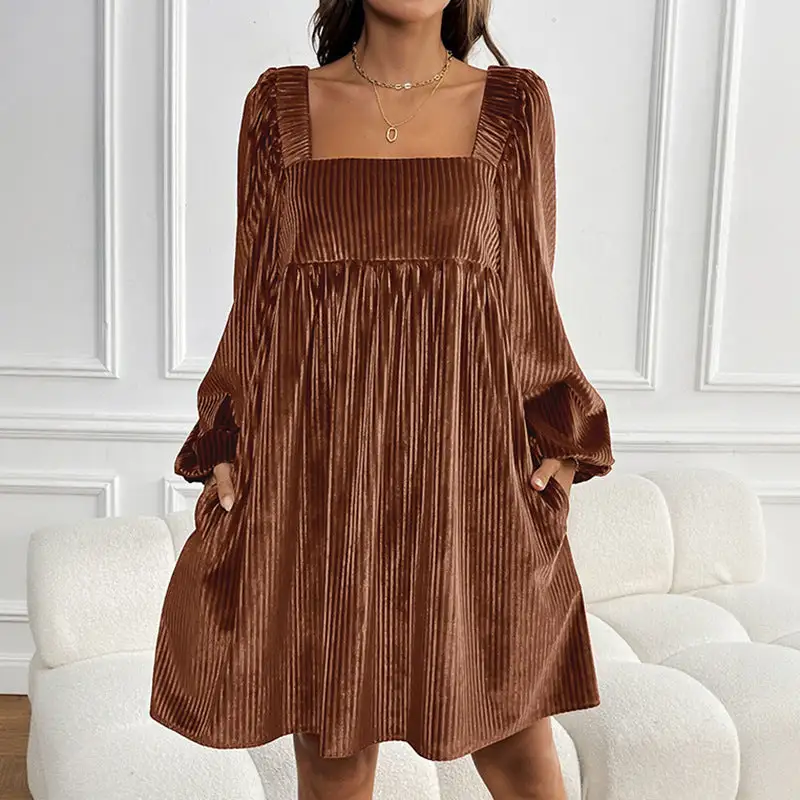 Women's Square-Neck Puff-Sleeve Pocketed Summer Maxi Dress