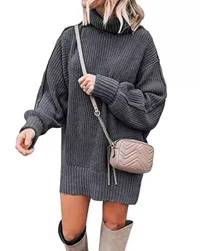 Women Fashion Sweater Short Dress Long Sleeve Turtleneck Oversized Fall Winter Soft Chunky Knit Pullover Sweaters