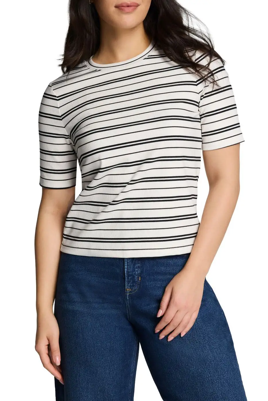 Striped Ribbed Crew Neck Fitted Tee