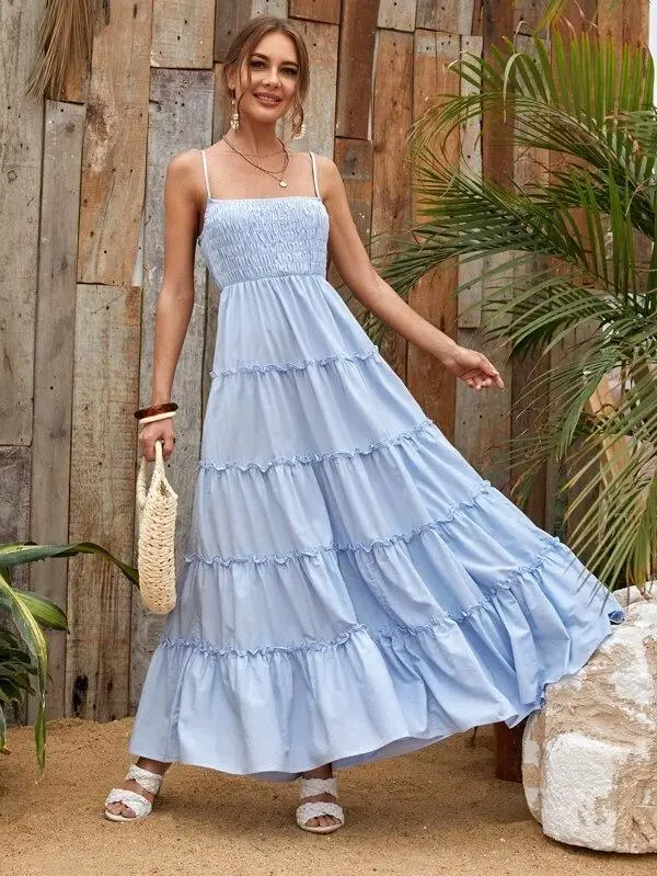 Women Shirred Detail Frill Layered Hem Cami Dress