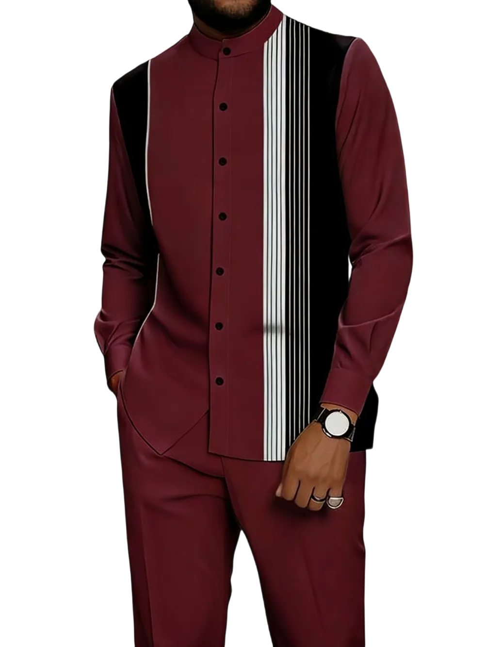 Men's black and white striped button-down shirt with drawstring waist casual pants