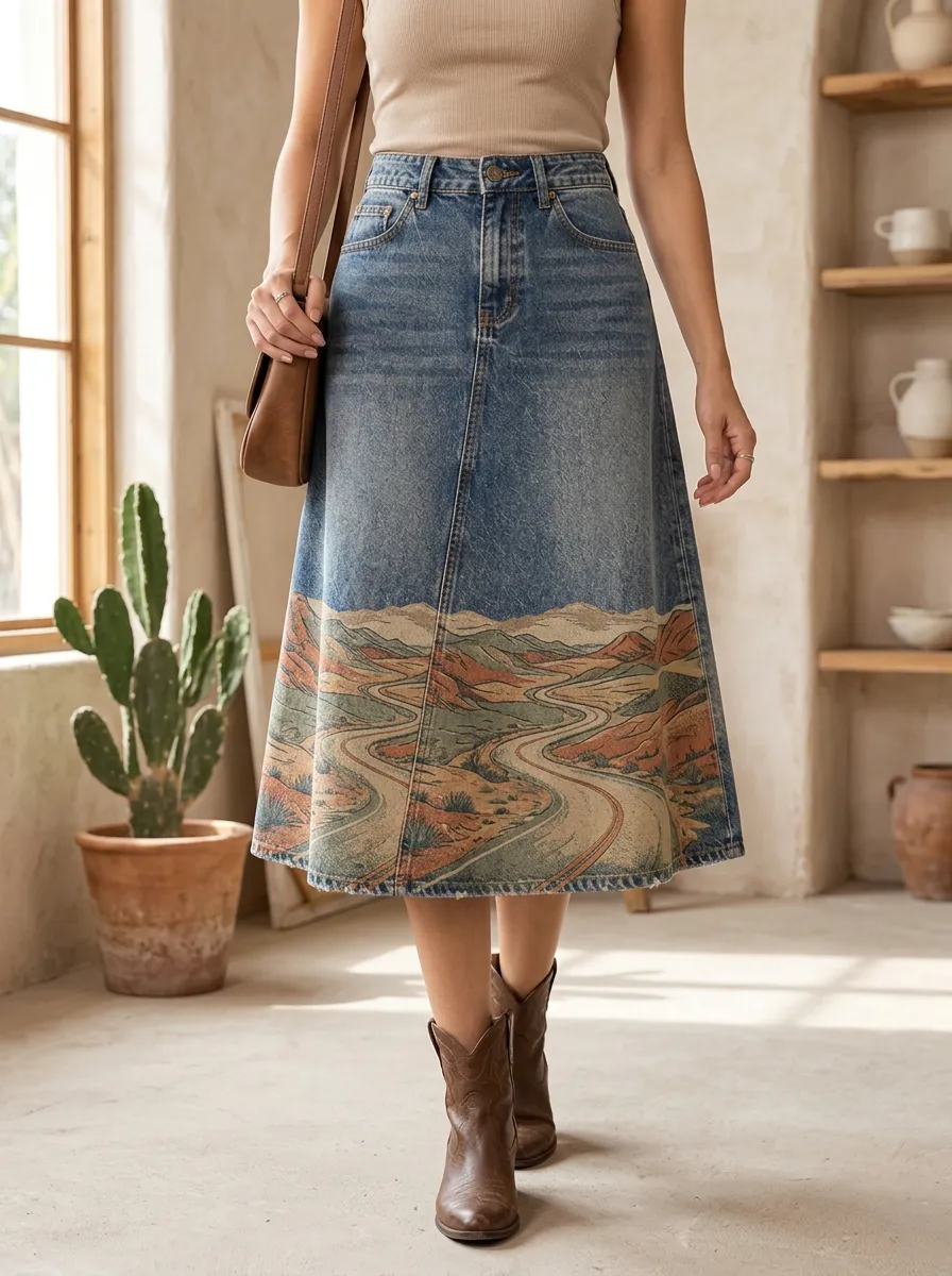 Women's Desert Landscape Western Printed Denim Skirt