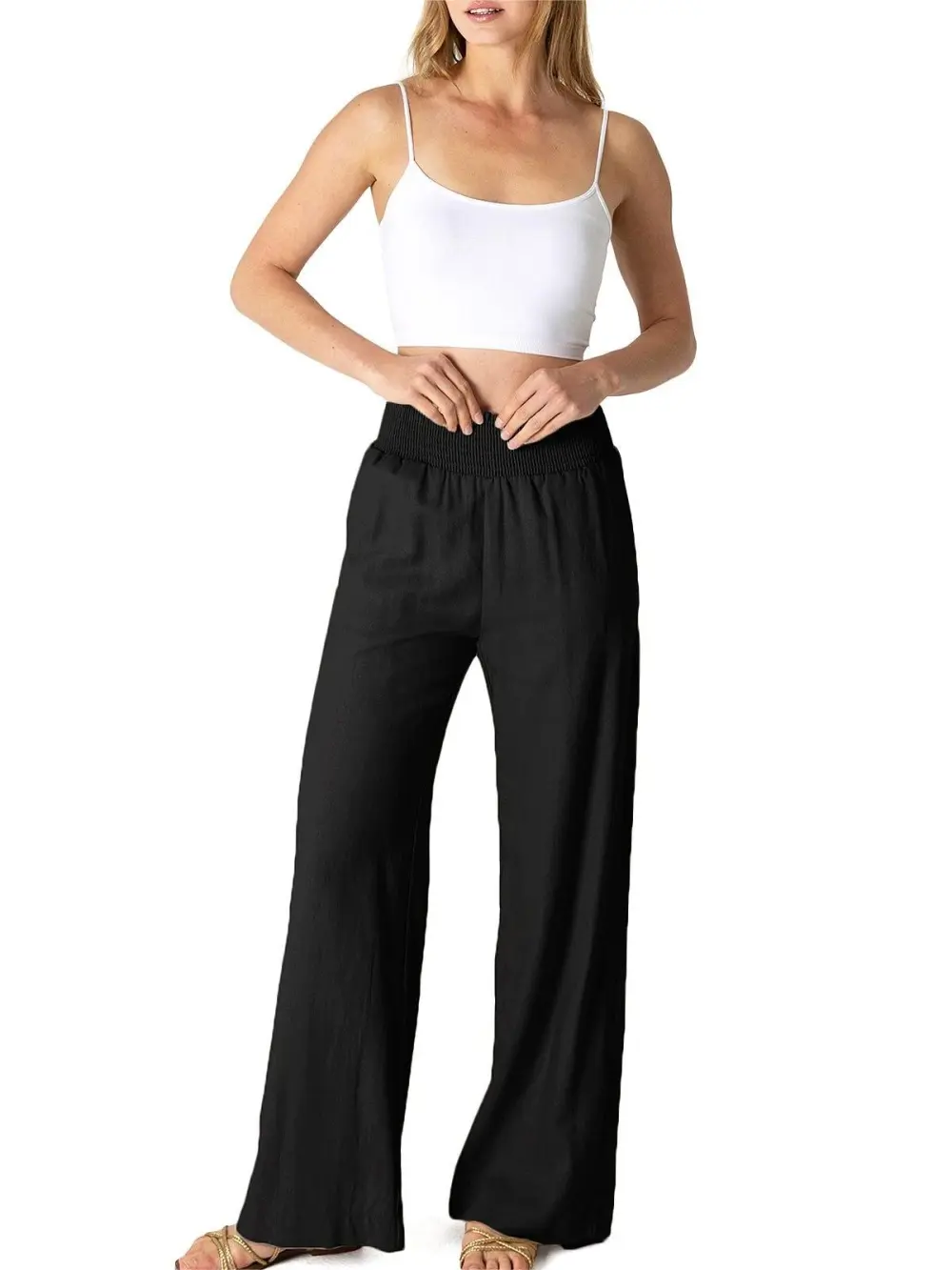 Tan Smocked - Waist Palazzo Pants