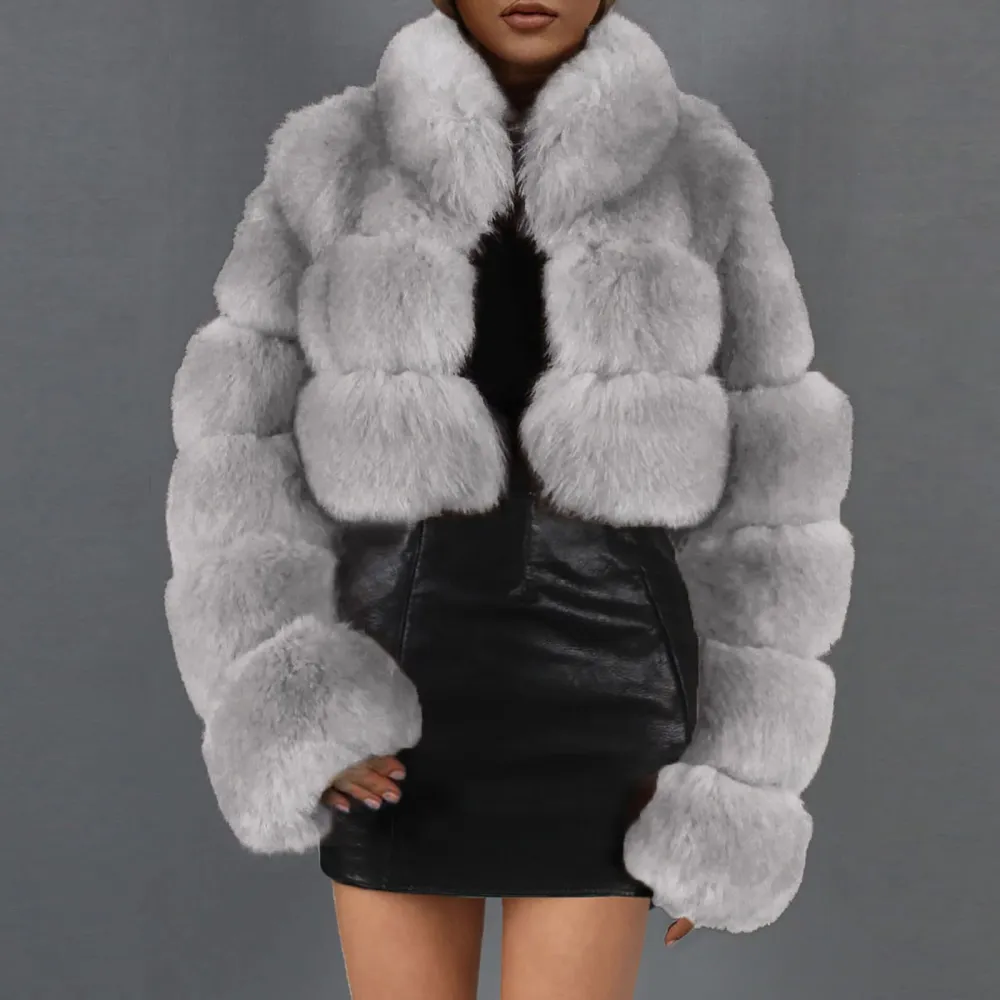 X1-Gray Faux Fur Coat Women with Hood Cropped Bubble Coats Fleece Short Warm Jackets Plus Size Winter Coats for Women