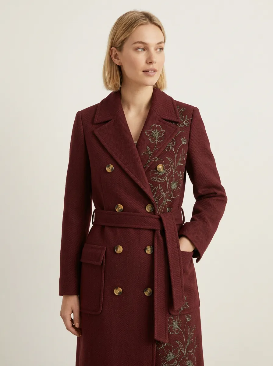 Women's Floral Herringbone Embroidered Trench Coat