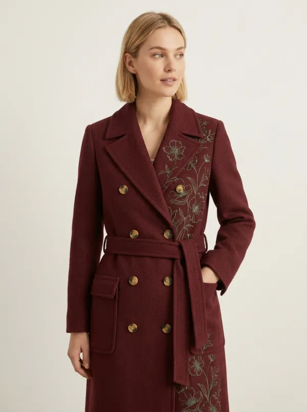 Women's Floral Herringbone Embroidered Trench Coat