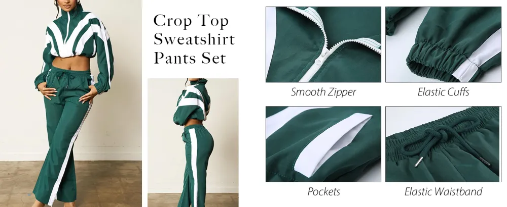 Womens Sweatsuits 2 Piece Set Contrast Color Long Sleeve Zip Up Cropped Jacket Leggings Pants Jogger Track Suits