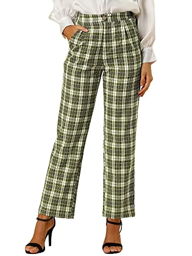 Women's Plaid Pants Elastic Waist Casual Work Office Long Trousers