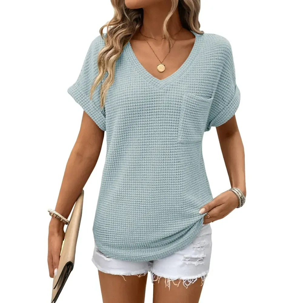Women's Waffle Knit V-Neck Casual Summer Top