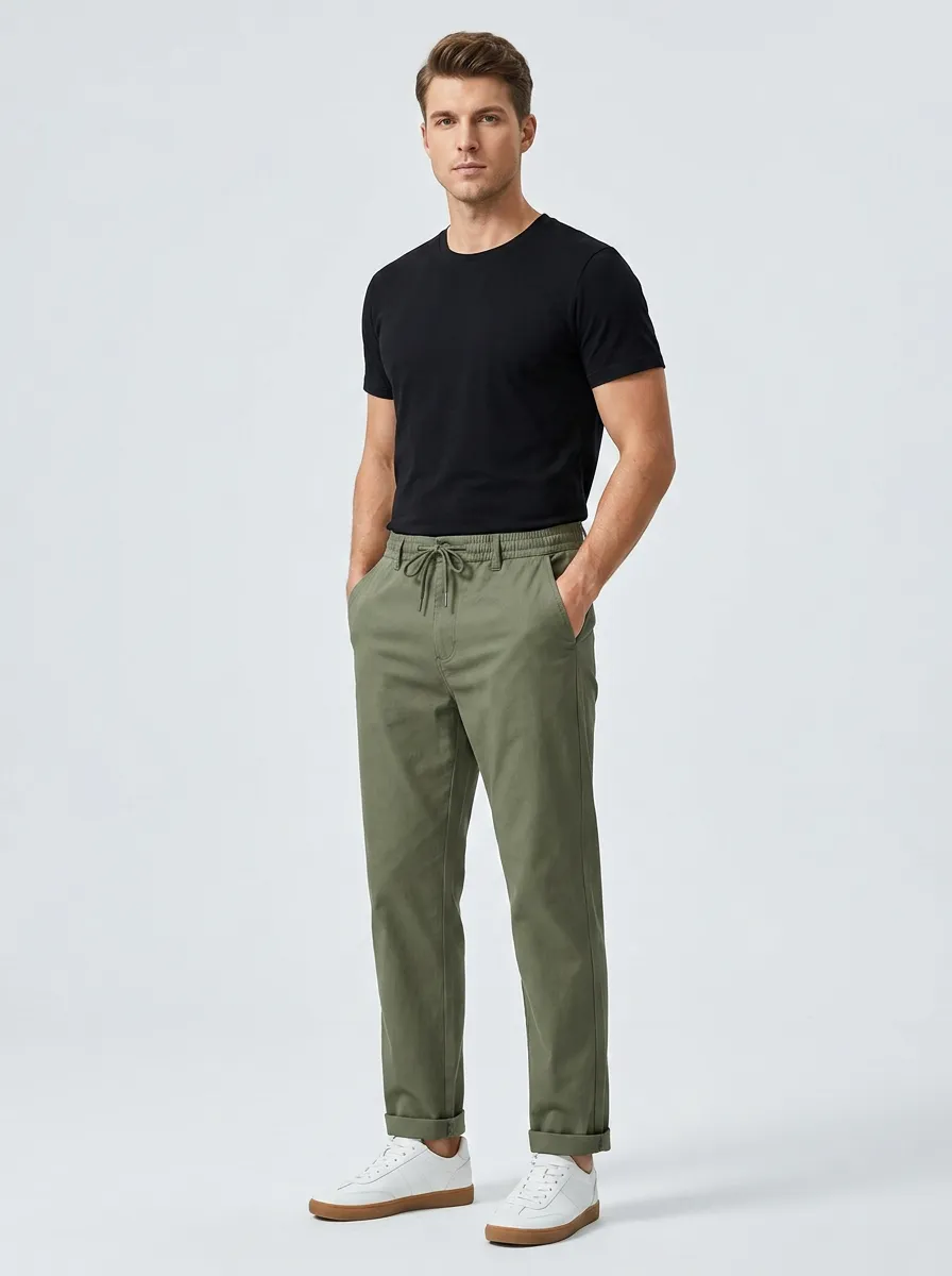 Men's Casual Elastic Waist Olive Green Drawstring Trousers
