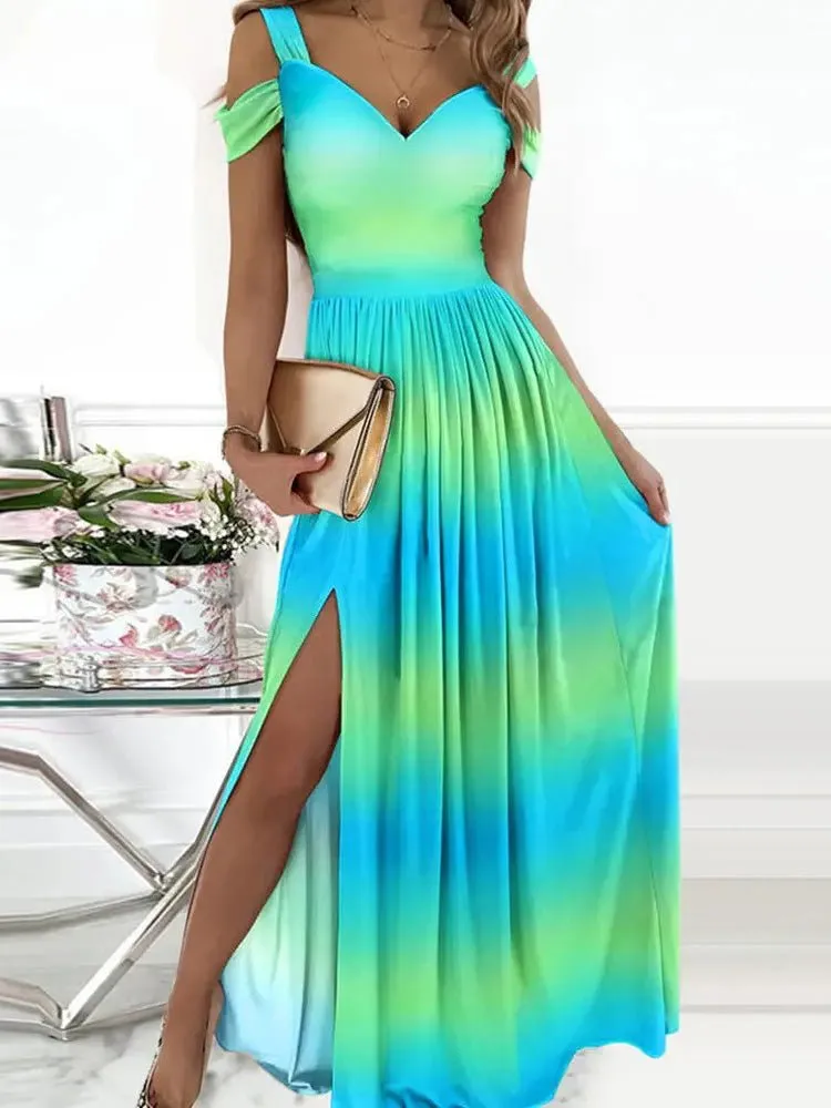 Women's Dresses Printed V-Neck Strap Off-Shoulder Slit Dress