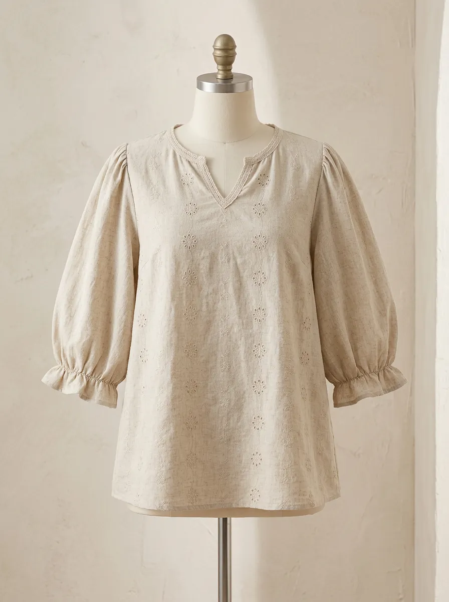 Embroidered V-Neck Floral Women's Puff-Sleeve Blouse