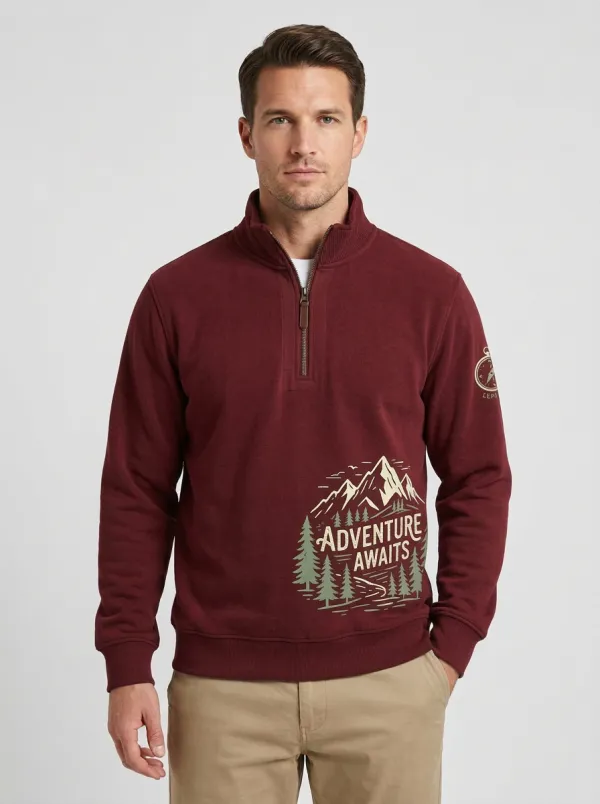 Men's Ridge Outdoor Mountain Forest Graphic Quarter-Zip-Neck Sweatshirt