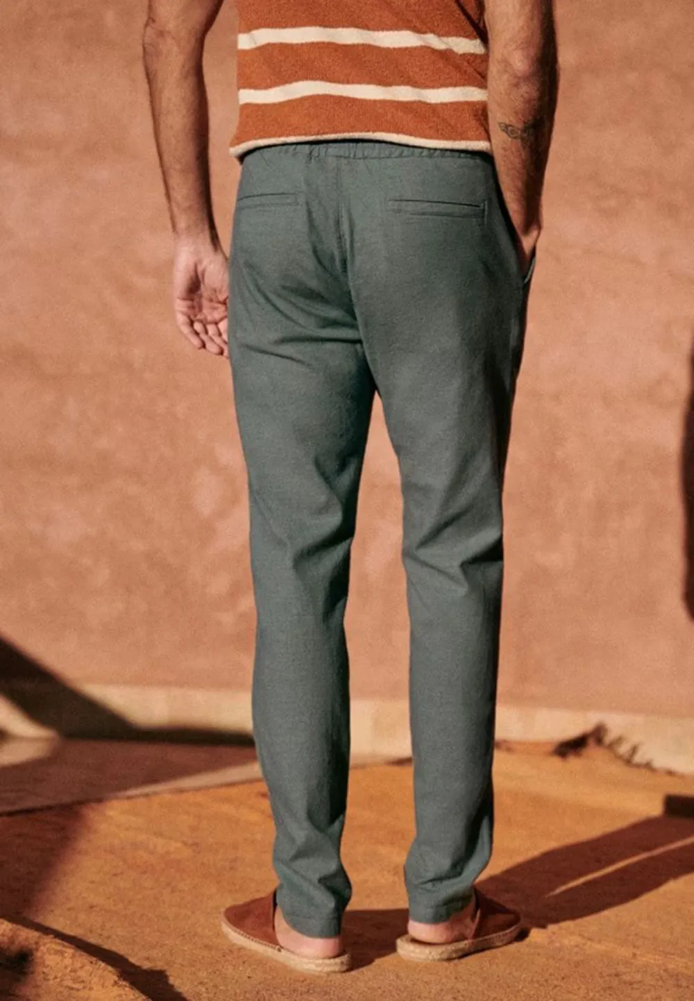 Olive Green Cotton Linen Blend Drawstring Trousers
