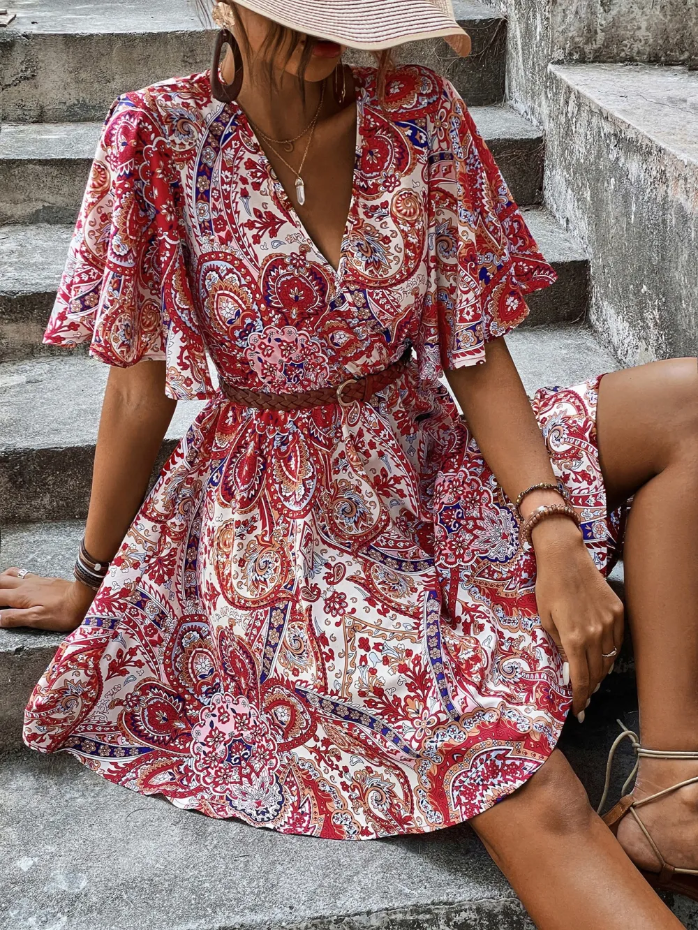 Plus Size Allover Paisley Print Tie Back Butterfly Sleeve Dress Without Belt