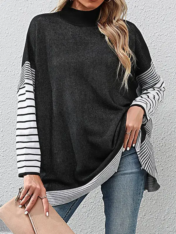 Striped Mock Neck Long Sleeve Relaxed Fit Pullover Sweater