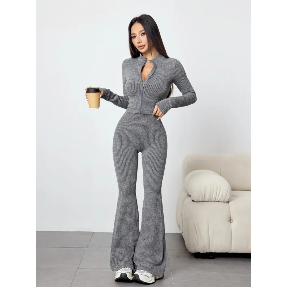 Women's Two-Piece Set, Autumn Winter Knit Ribbed Jacket & High-Waisted Flare Pants