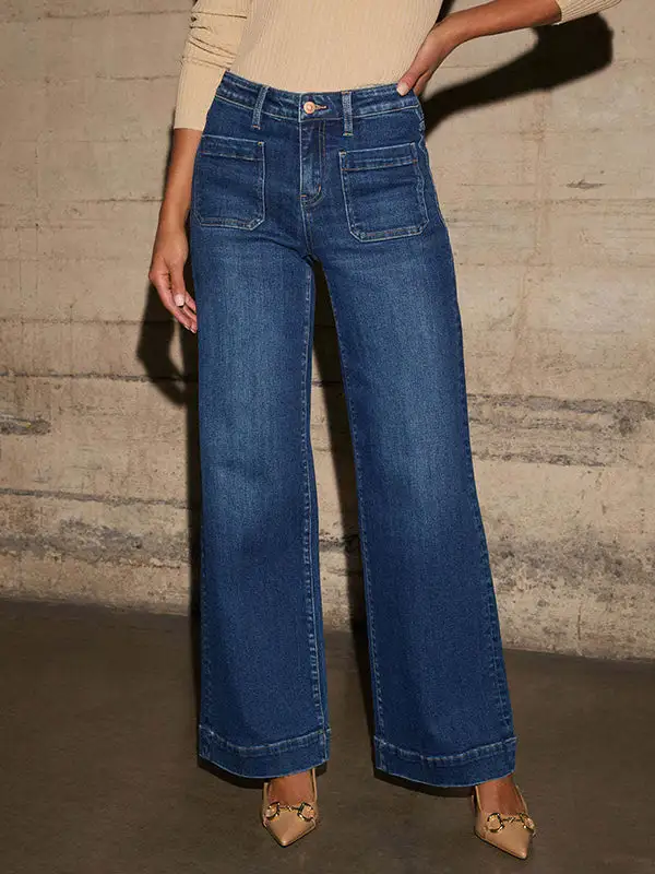 High Waist Wide Leg Seamed Buckle Detail Jeans