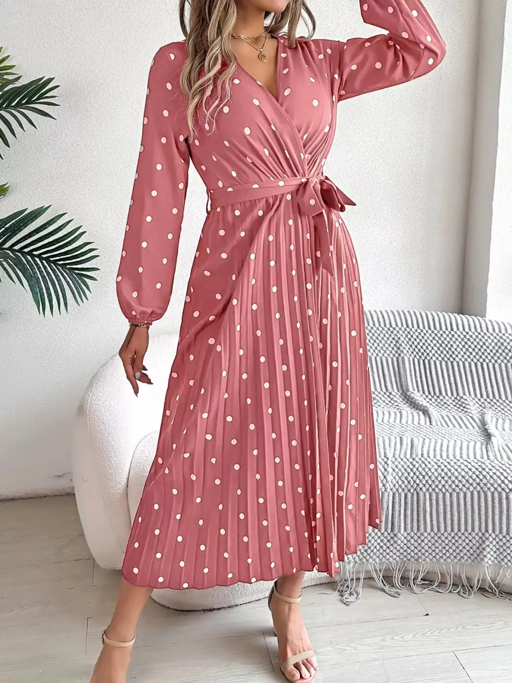 Polka Dot Pleated Midi Dress