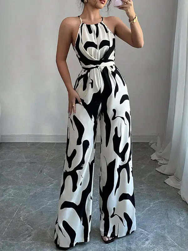 Losse Mouwloze Jumpsuits Met Contrasterende Kleuren En Geplooide