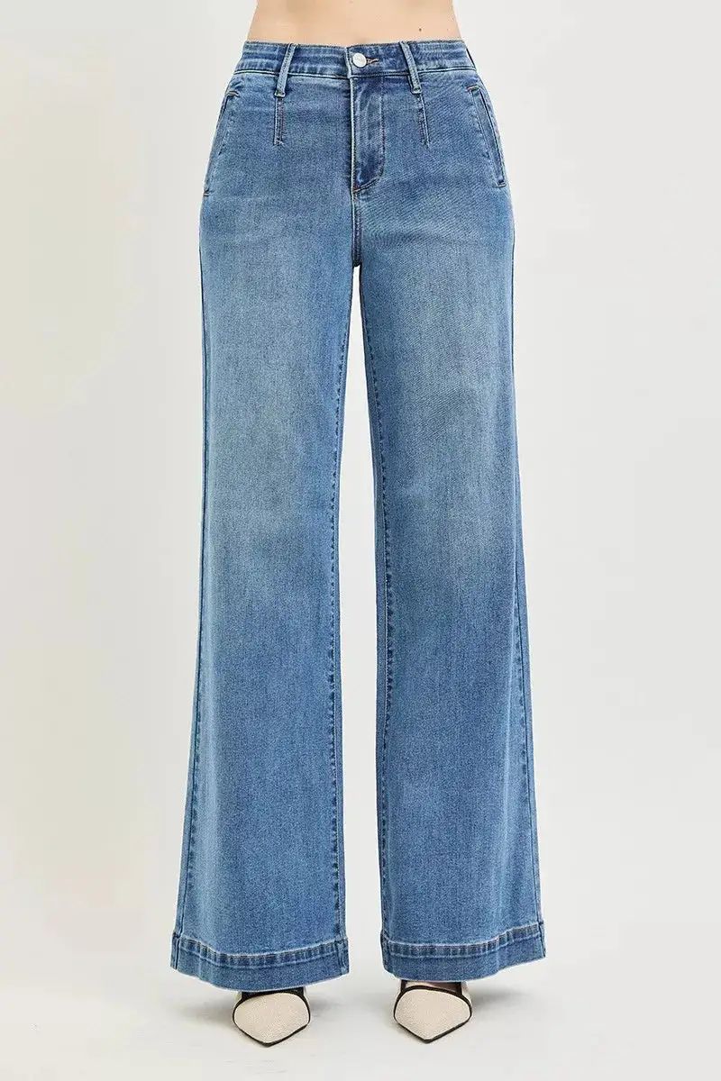 High Rise Elastic Waist Wide Leg Jeans