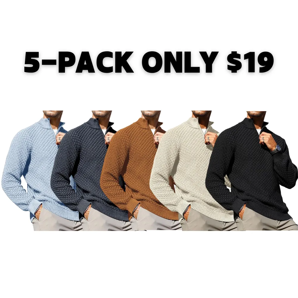 Men's Quarter-Zip Sweater Polo Zip Up Pullover Cable Knit Turtleneck Tops Long Sleeve