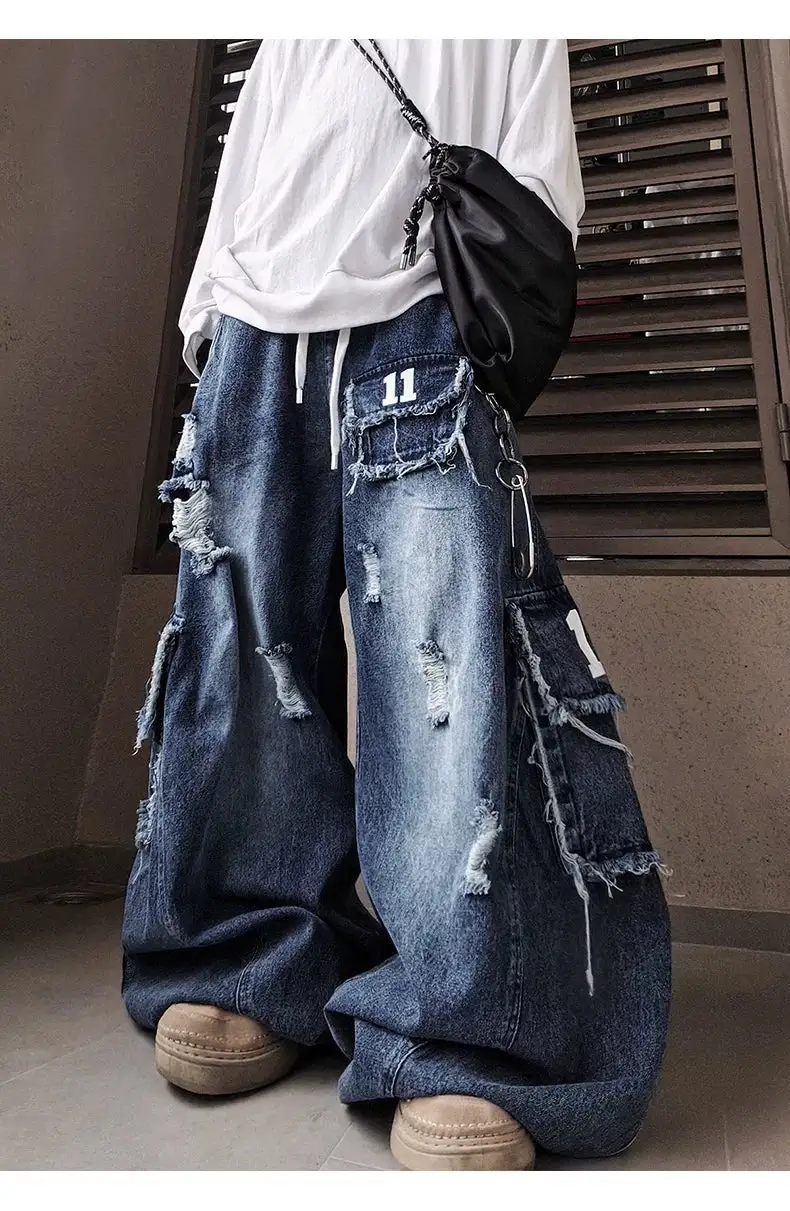 Wide-Leg Distressed Cargo-Pocket Patchwork Jeans