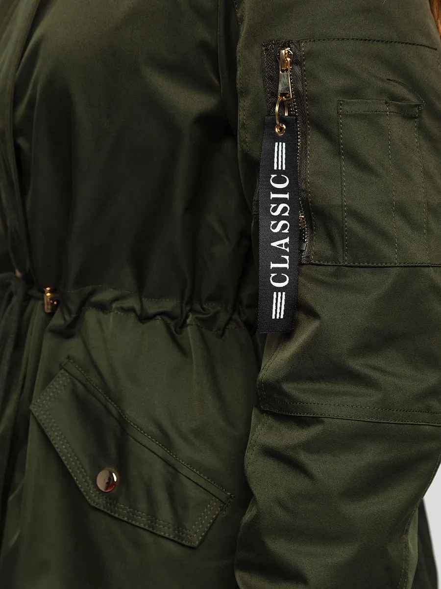 Khaki women's winter parka jacket with hood