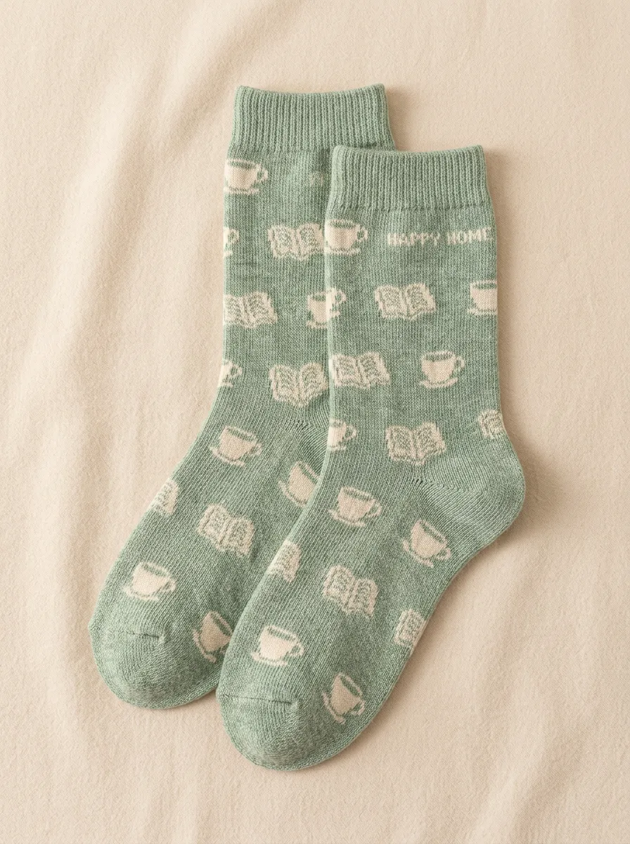 Clean-Line Coffee-Motif Book-Motif Casual Socks