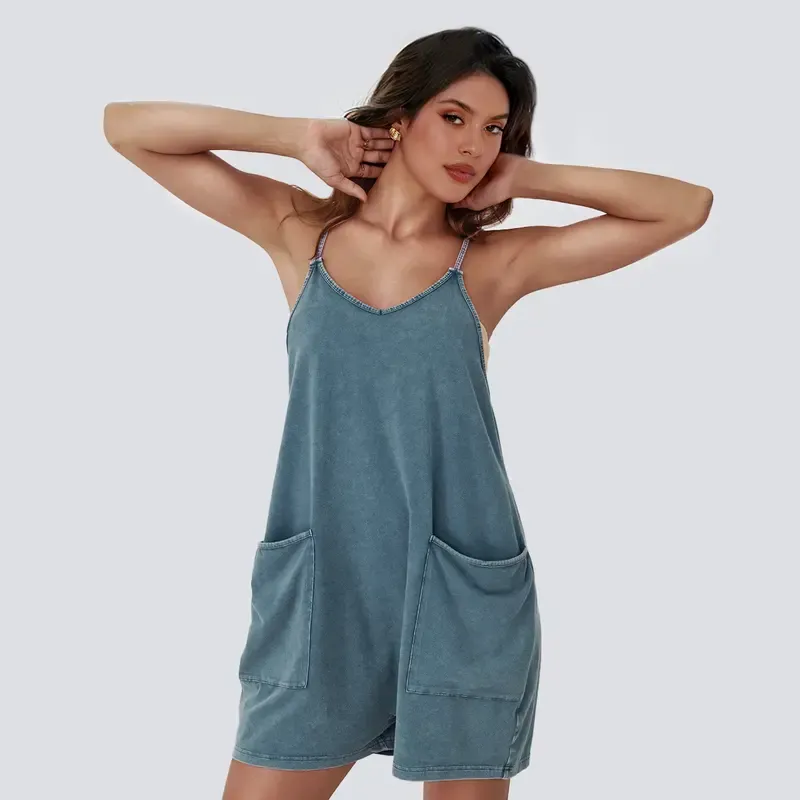 Women's Vintage Acid Wash Pocket Romper