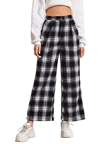 Women's Tartan Plaid Mid Waist Straight Pants