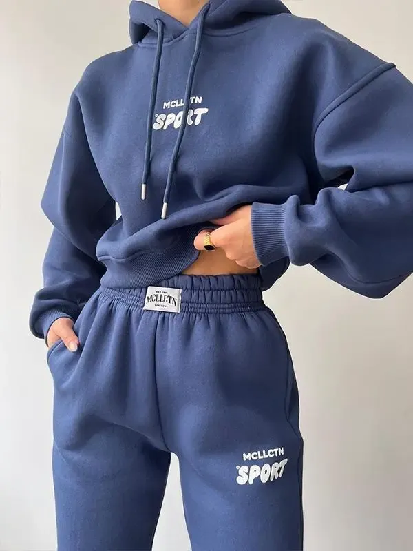 Casual fleece long-sleeved printed hoodie pant suit