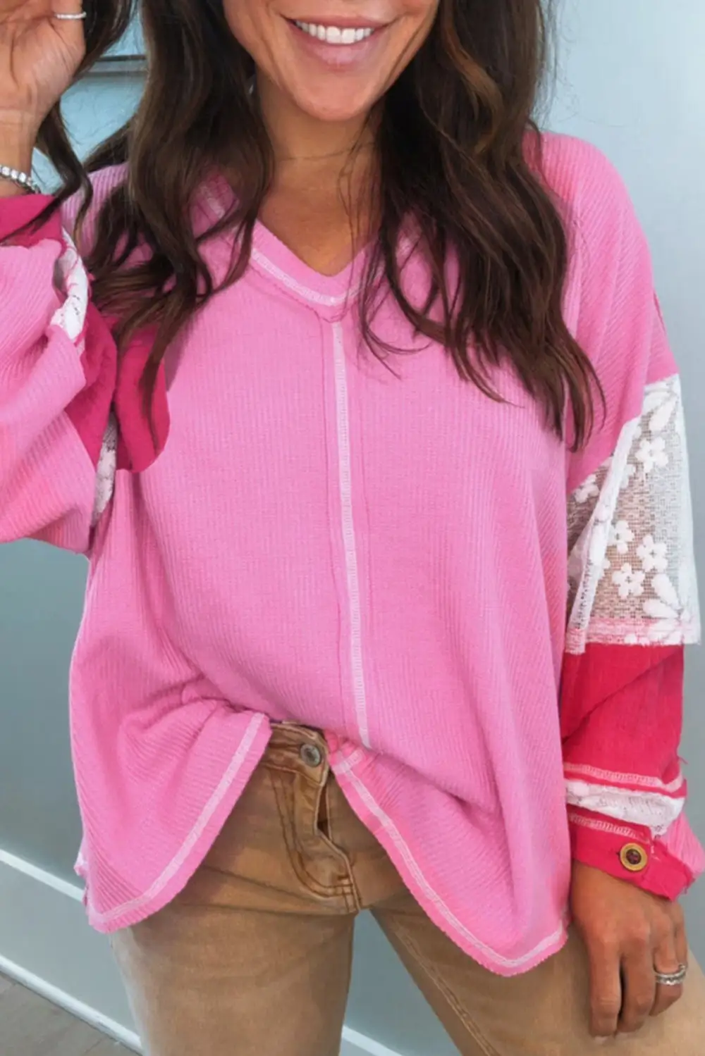 Classic Lace Floral Patchwork Sleeve Stitching V Neck Rib Knit Blouse