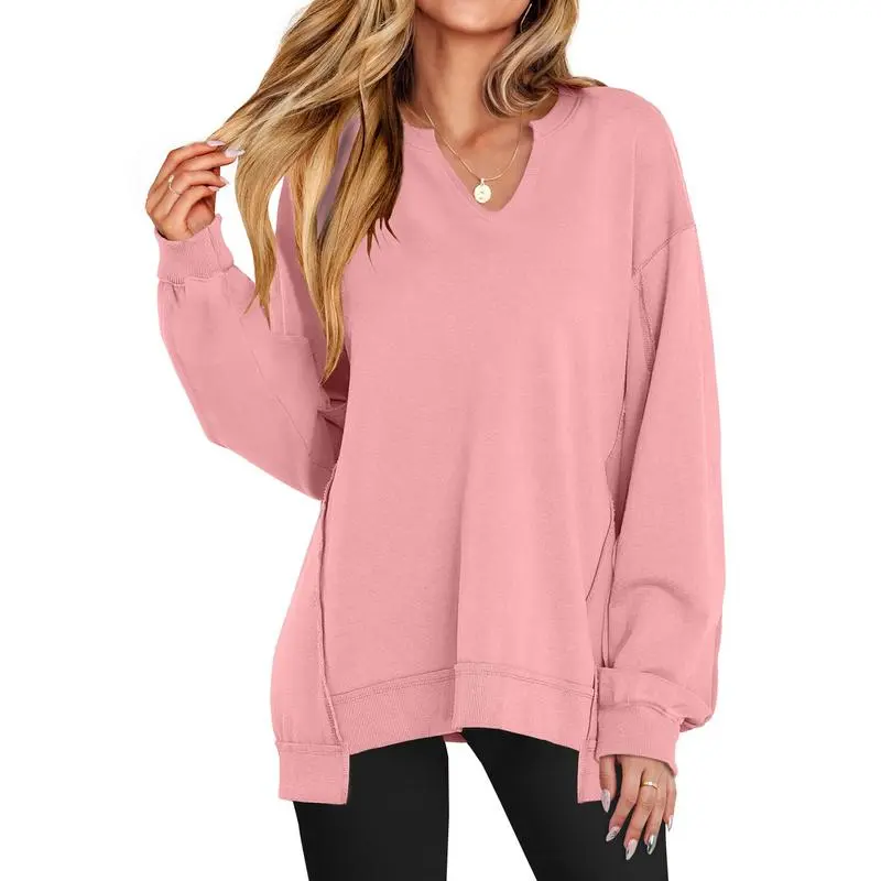 Women's Oversized Sweatshirt V Neck Long Sleeve Tunic Lightweight Pullover